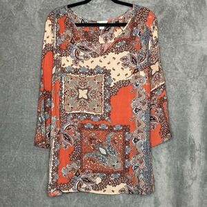 Lucy & Laurel 1X Top Shirt Orange Paisley 3/4 Sleeve V Neck Knit Lightweight